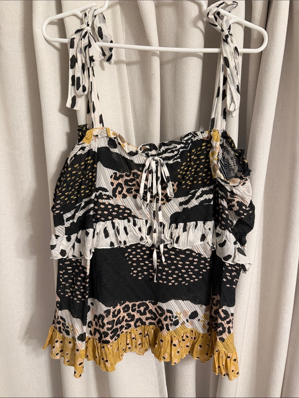 Anthropologie Mixed Print Tie-Shoulder Ruffle Camisole - Black, White & Mustard